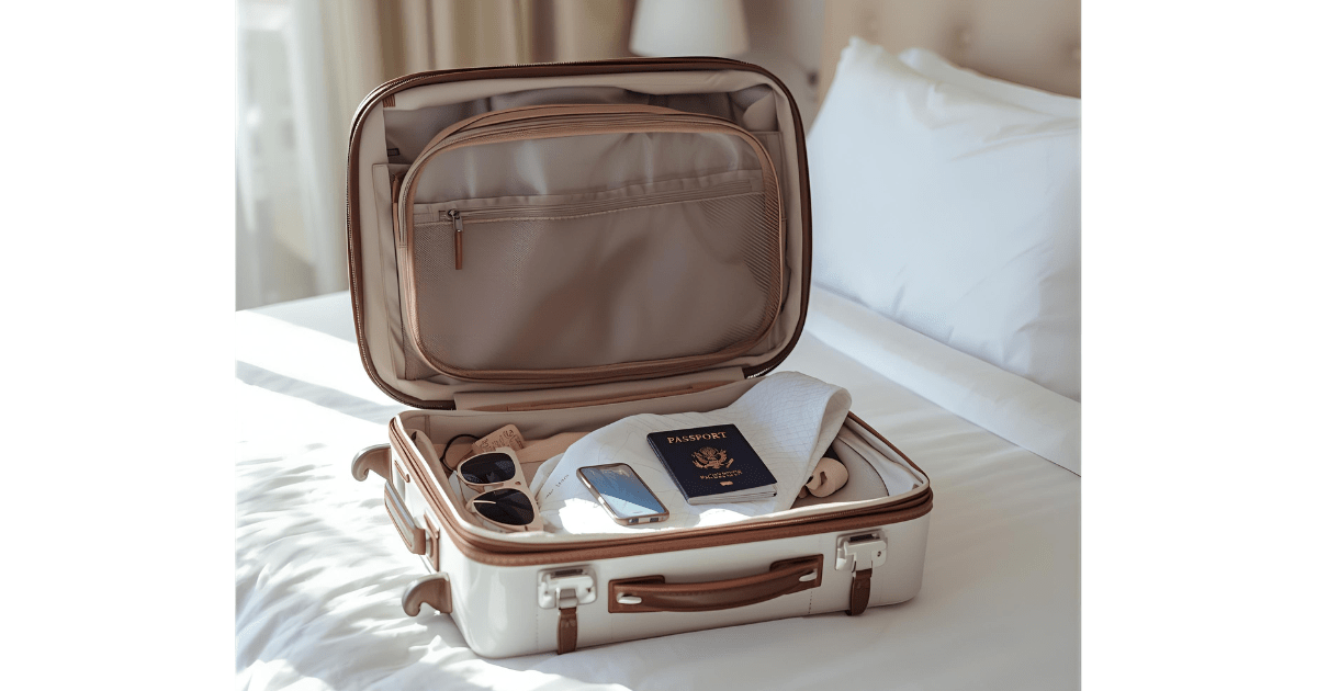 ミニマルな旅支度。コンパクトに畳まれた衣類と2WAYの旅バッグをイメージしたモノトーンの写真(参考イメージ。実在の商品や人物とは関係ありません。)