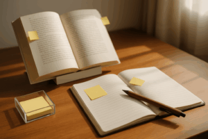 机の上に開かれたノートと付箋、静かな光に包まれた学びの空間(参考イメージ。実在の商品や人物とは関係ありません。)
